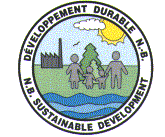 Emblem of the New Brunswick Sustainable Development program: a family in front of a factory, a tree and the sun, with the words Développement durable N.-B. and N.B. Sustainable Development